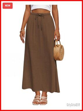 Linen Maxi Skirt High Waist Drawstring Back Slit Casual Long Skirt